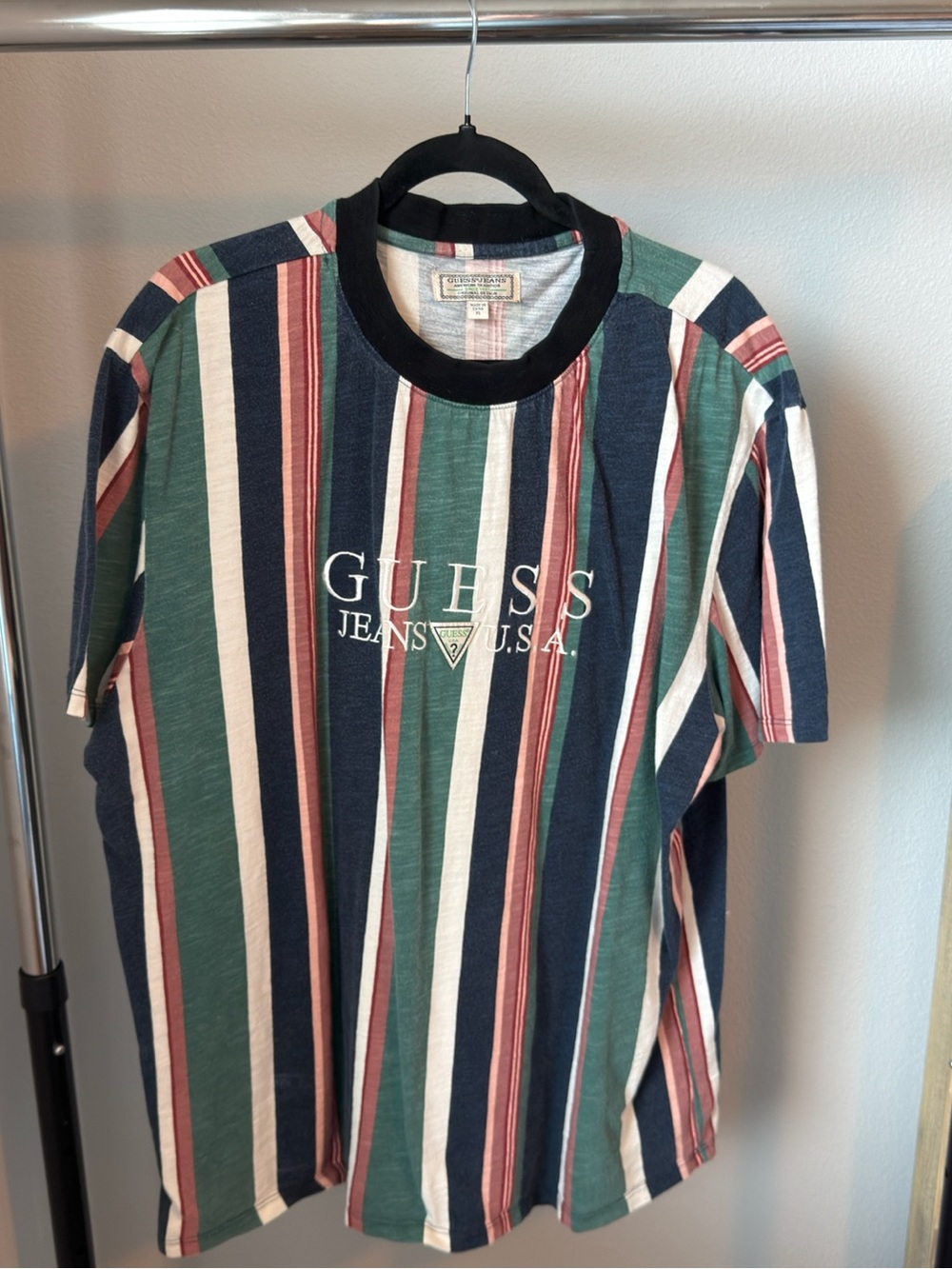 GUESS Vertical Stripe Logo Tee - Green/Navy/Red/White